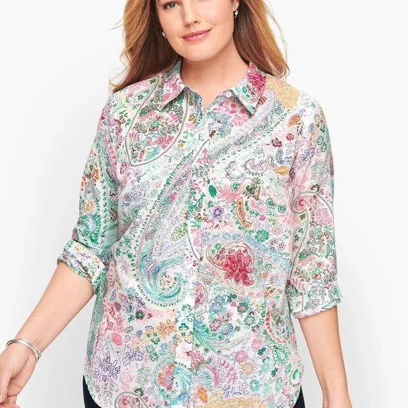 Talbots Pink & Green Paisley Floral Button Down Collared Cotton Shirt Size X - Picture 10 of 14